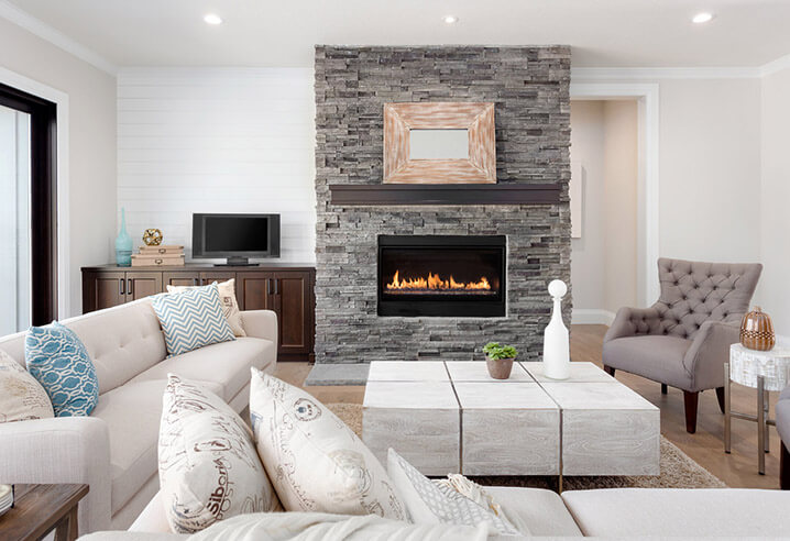 Fireplace in bright living room