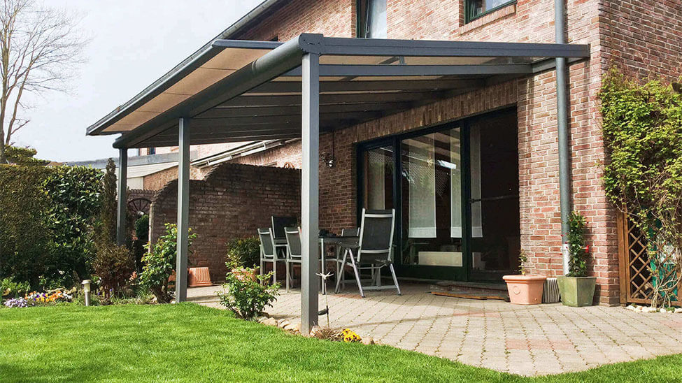 Awning as shading system over terrace roofing