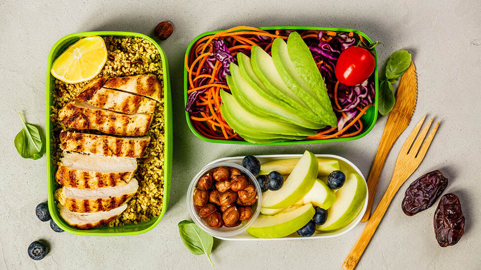 Meal Prep Low Carb with turkey, nuts, vegetables and fruit