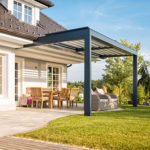 View of garden and terrace with slatted terrace canopy