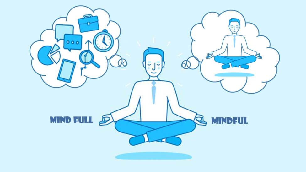 An illustration showing a man meditating on one side a lot of stressful things in a cloud and on the other side relaxation thanks to mindfulness in a cloud