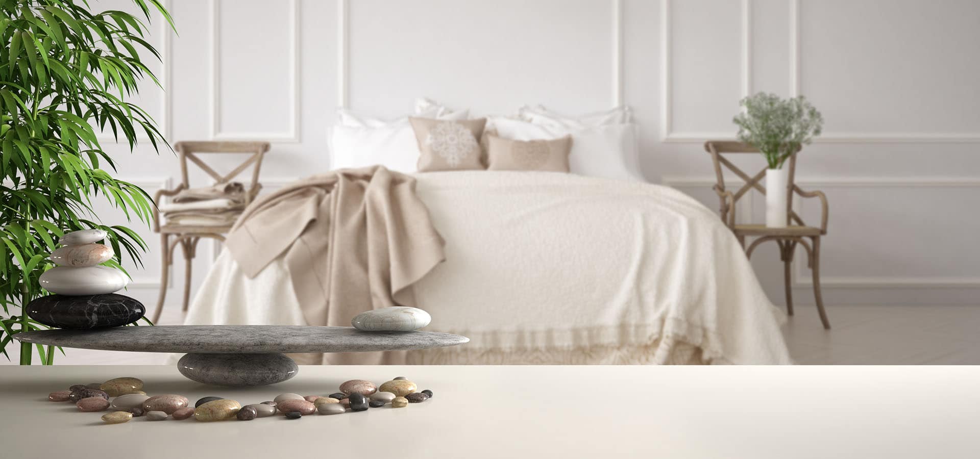 Feng Shui furnishing in the bedroom with stones