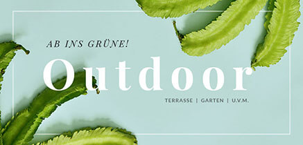 Blätter über einer pastellfarbenen Fläche mit "Outdoor" mittig und rechts unten "Terrasse | Garten | u.v.m."