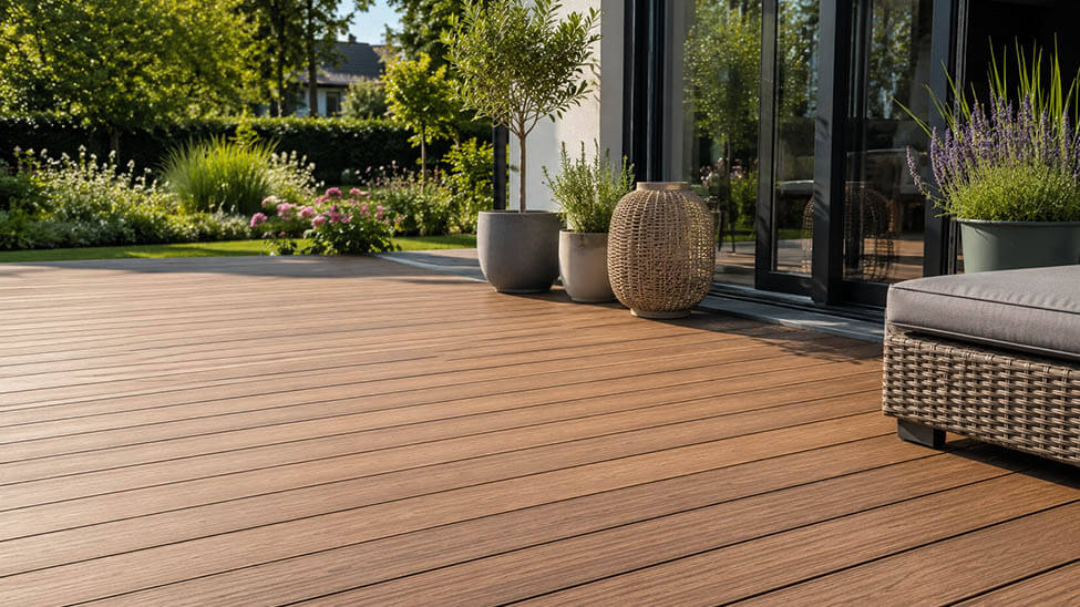 Terrasse mit Dielen im Sommer Terrasse mit Dielen im Sommer
